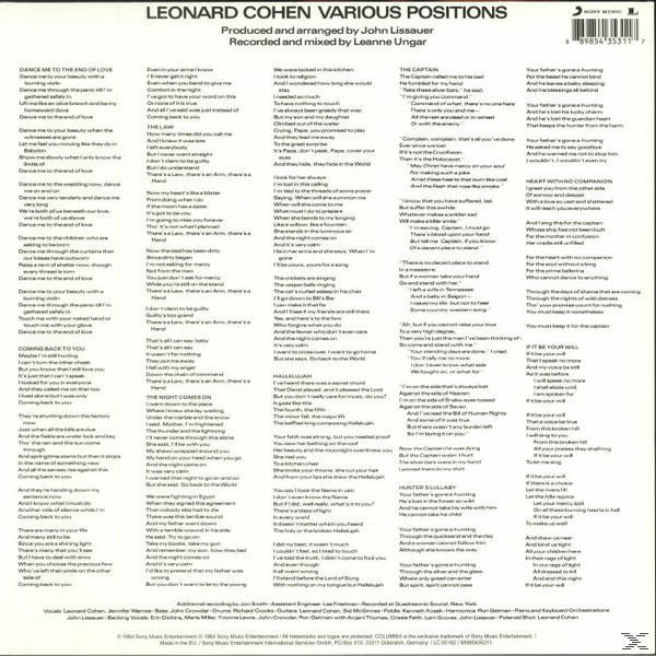 Leonard Cohen Various Positions albumjának hátlapja. A szöveg oszlopokban van a dalszövegekkel.