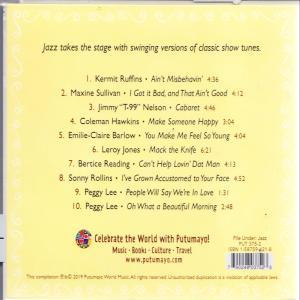 CD-Rückseite in Gelb. Es zeigt eine Liste von Songs und Credits. Der Text 'Jazz takes the stage' ist geschrieben.
