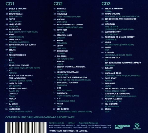 CDs Trackliste mit drei Spalten und einem dunkelblauen Hintergrund.