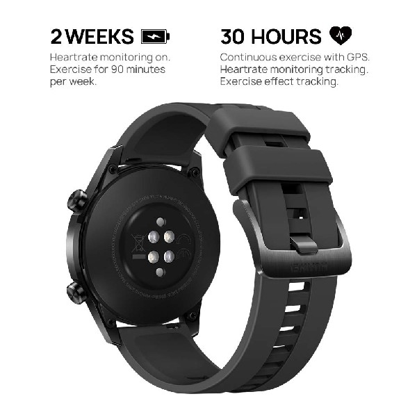 Smartwatch negra con correa negra, fondo blanco.