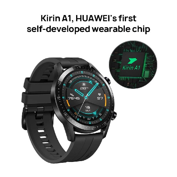Reloj inteligente negro con pantalla. Chip se muestra al lado.