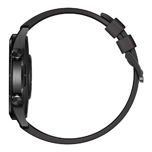 Un smartwatch negro con esfera circular y correa negra, visto de lado. El reloj está sobre fondo blanco.