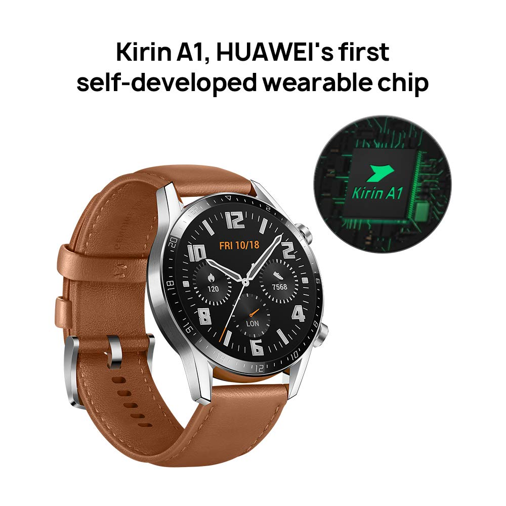 Smartwatch con correa marrón. Esfera negra con números blancos. Gráfico del chip Kirin A1. Texto: Kirin A1.