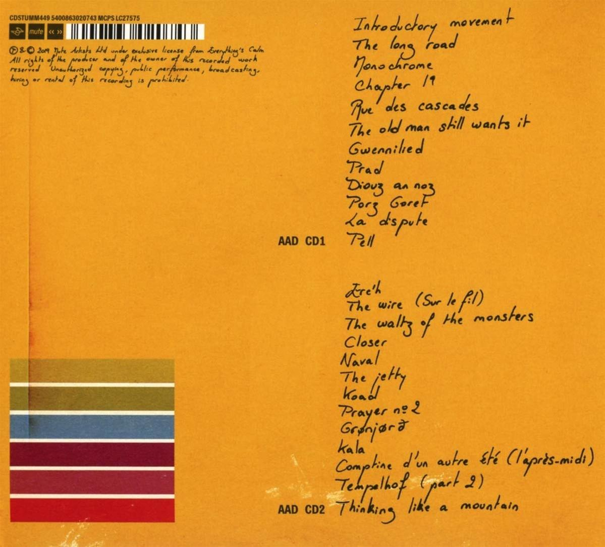 Tracklist van cd's. De tekst is geschreven in handschrift op een gele achtergrond.