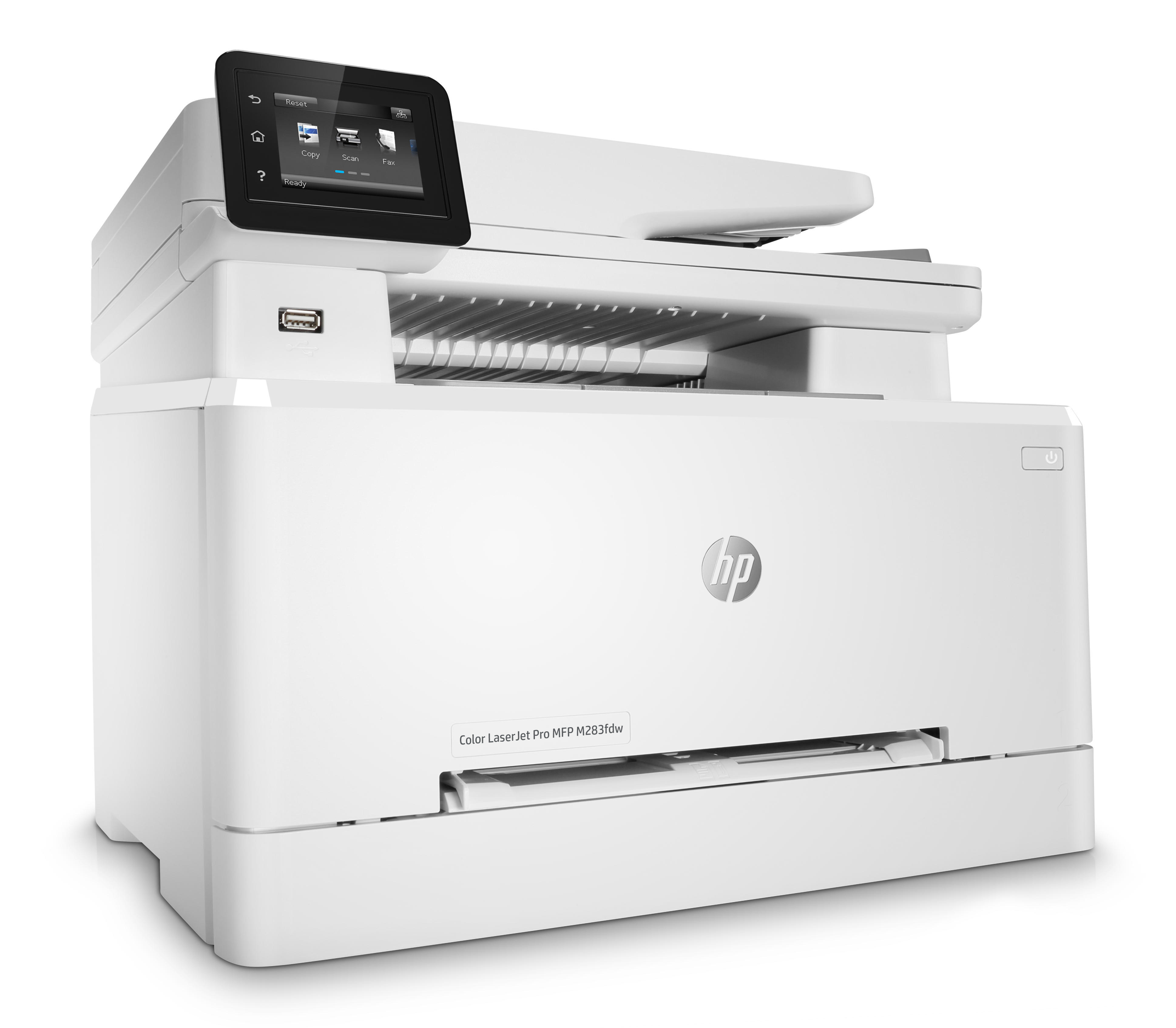 Weißer HP-Drucker mit Bildschirm oben. Das HP-Logo ist sichtbar.