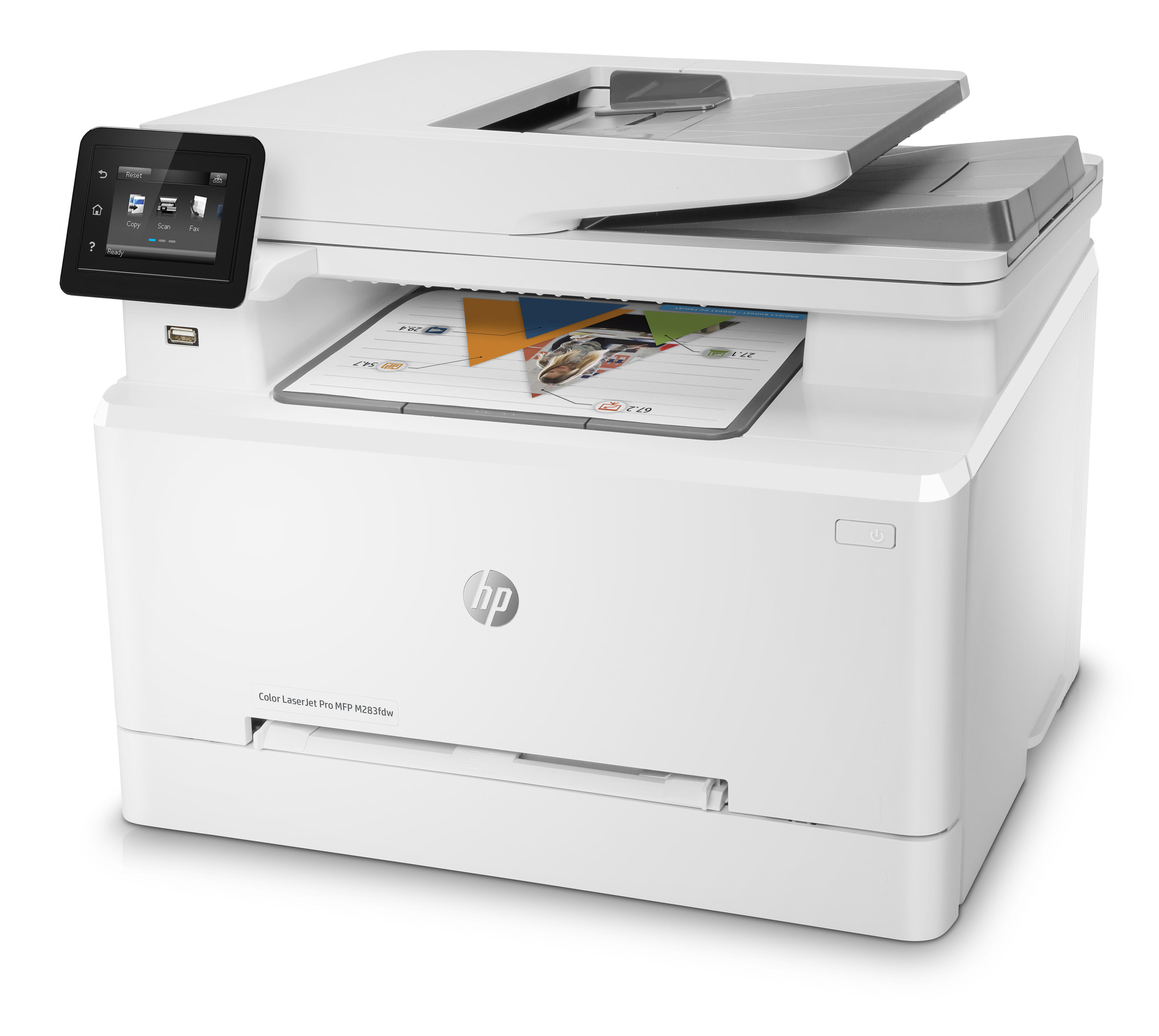 Weißer Drucker mit Bildschirm, Papierfach und HP-Logo.