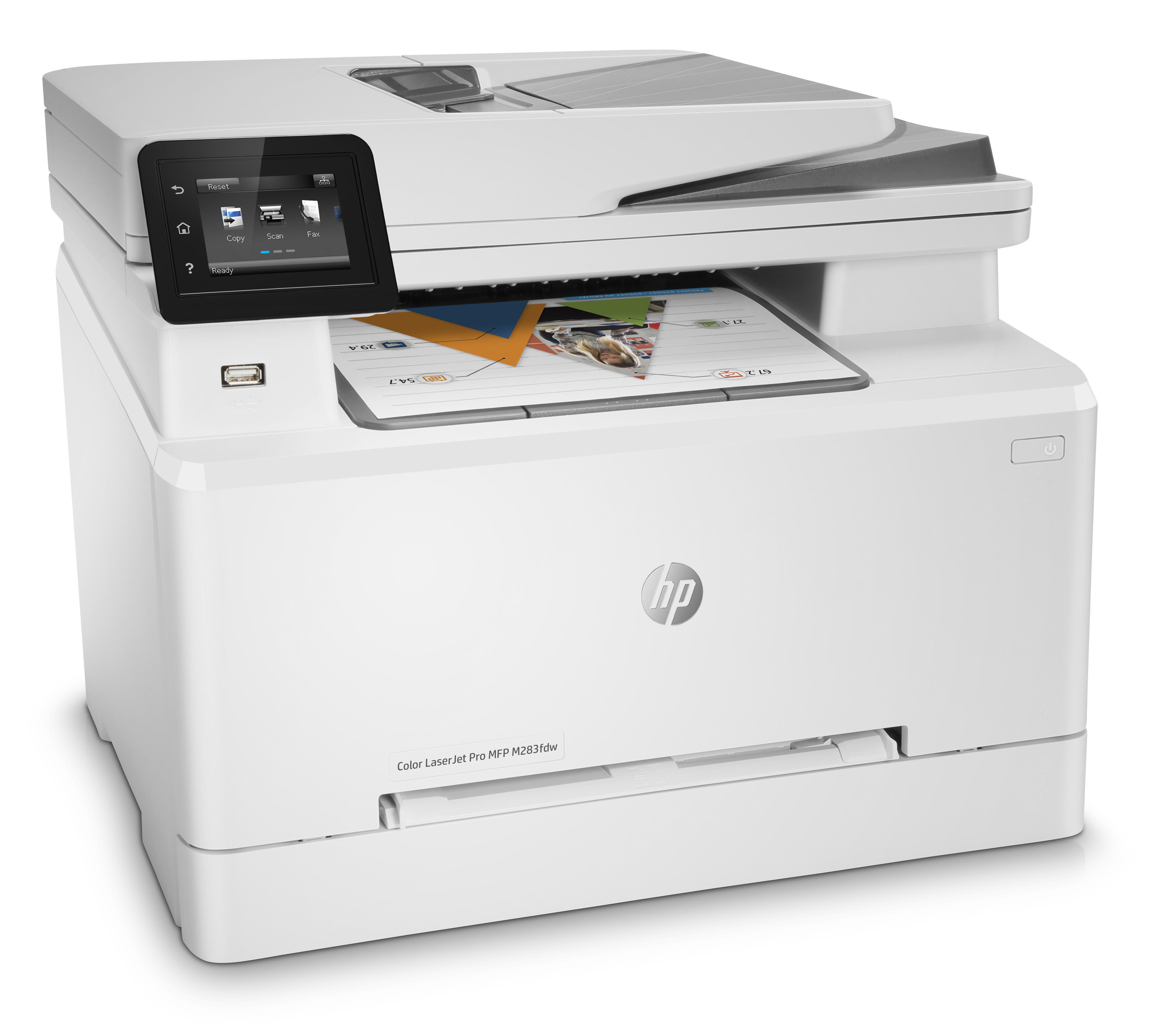 Ein weißer Drucker mit einem Bildschirm, der ein Dokument anzeigt. Ein Dokument wird gedruckt.