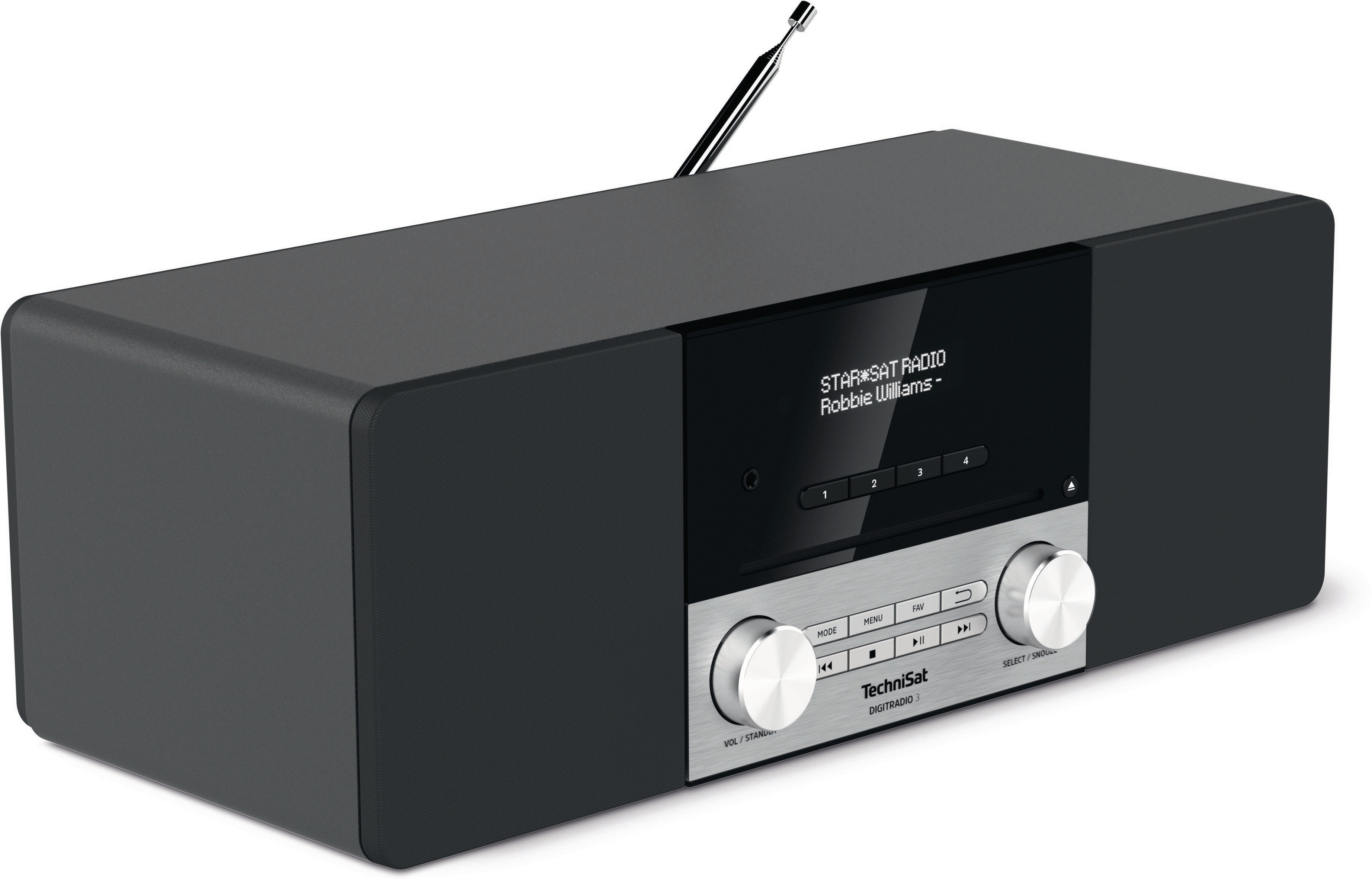 Ein schwarz-silbernes Stereoradio mit Display. Es steht auf einer weißen Oberfläche.