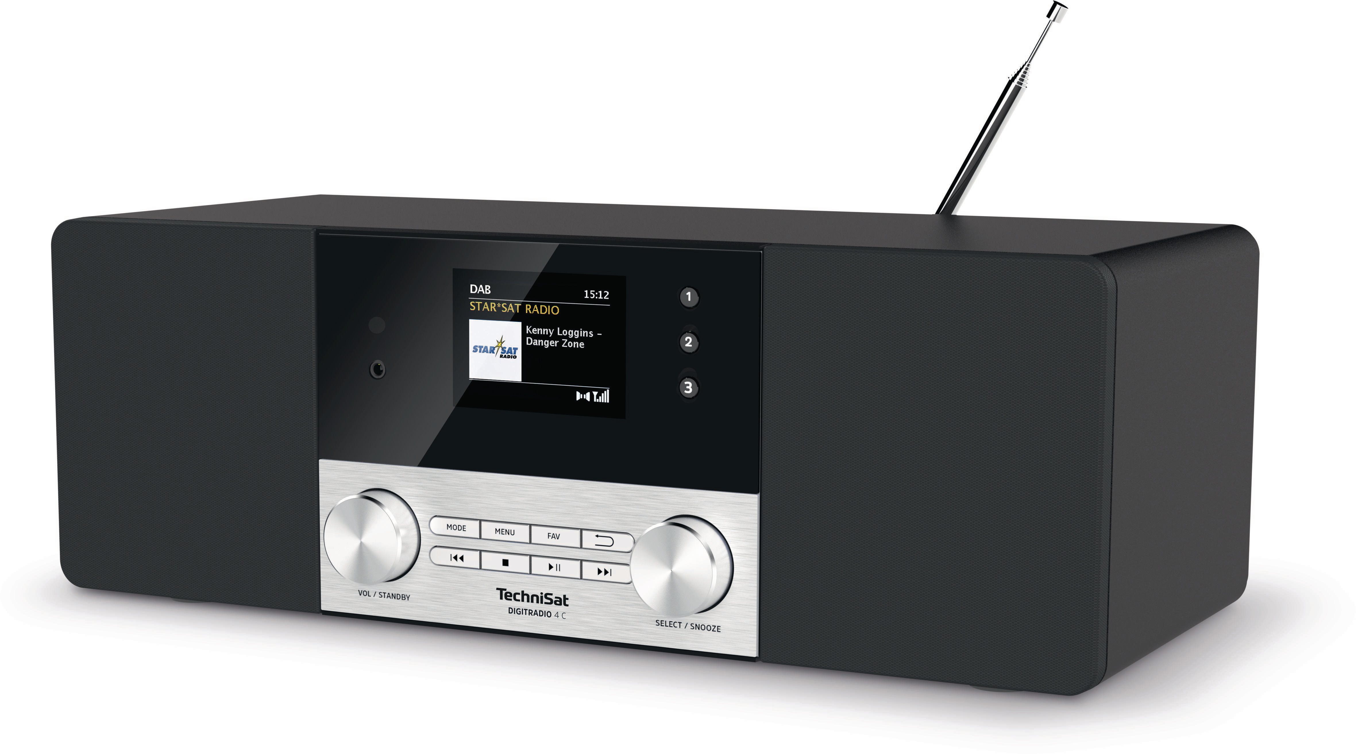 Schwarzes TechniSat-Radio mit Bildschirm, Knöpfen und Antenne.