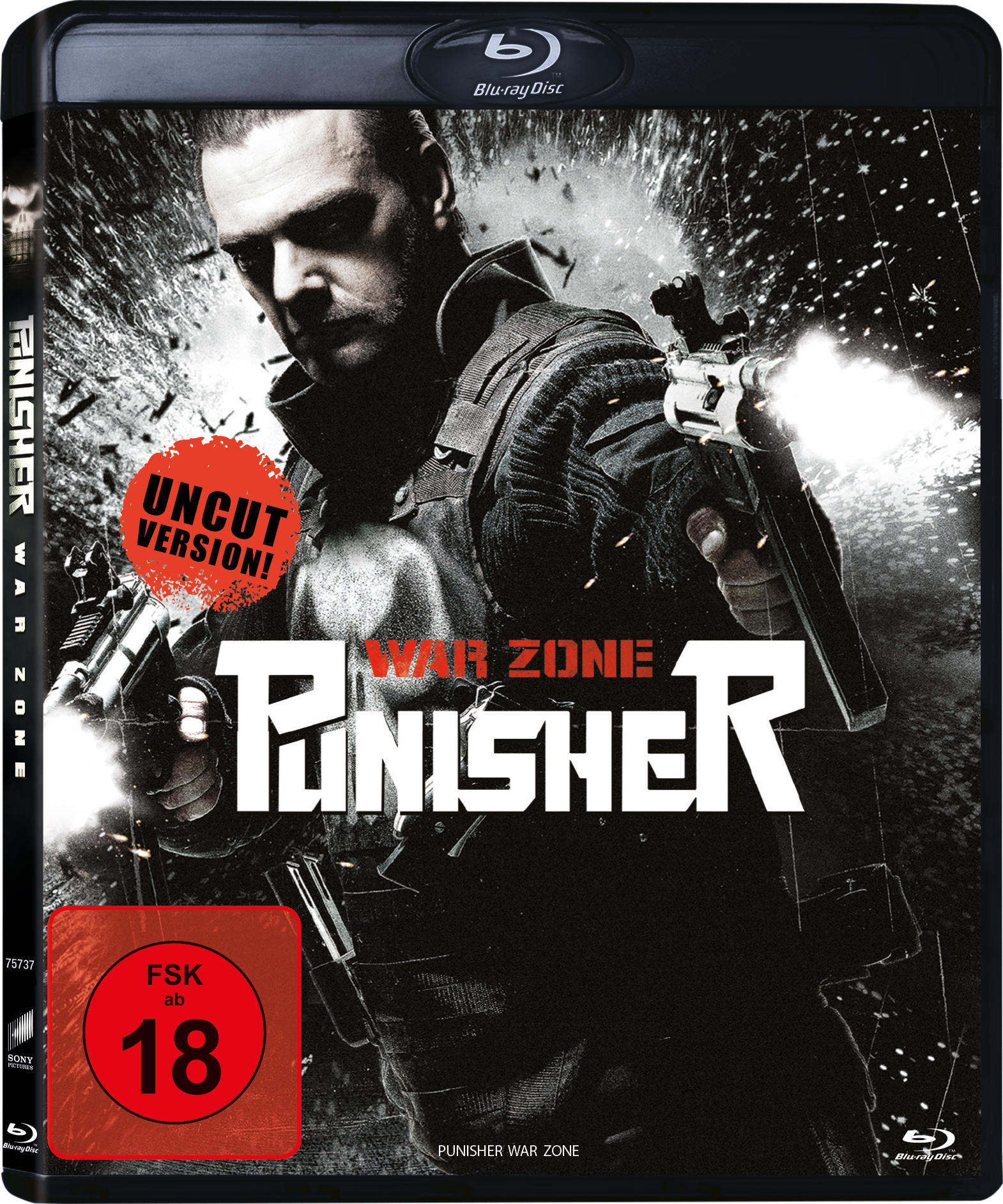 Punisher War Zone Blu-ray Disc Cover mit einem Mann, der Waffen hält, ab 18 Jahren.