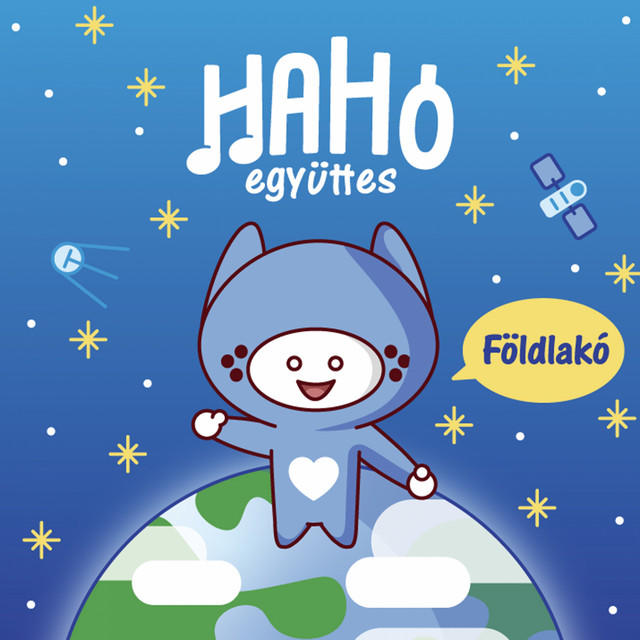 Rajzfilmfigura kék öltönyben, kék háttéren csillagokkal. A szöveg: 'Hahó együttes'.
