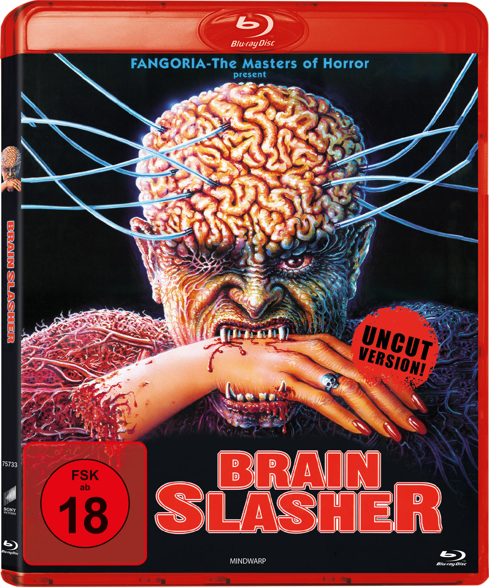Blu-ray-Cover des Films Brain Slasher, mit einer grotesken, monströsen Figur mit freiliegendem Gehirn.