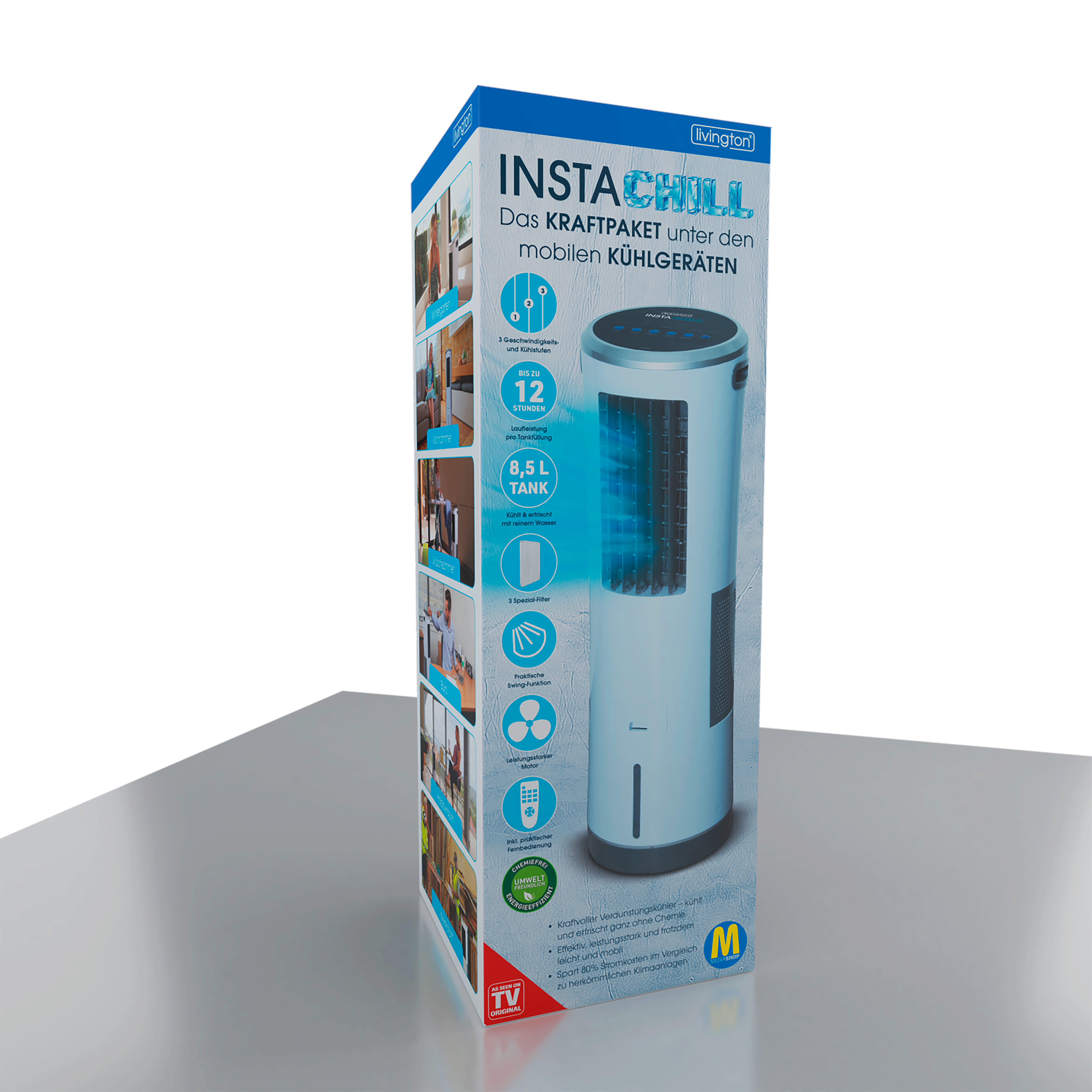 Ein weißer und blauer InstaChill-Luftkühler in einer Box, mit Produktmerkmalen.
