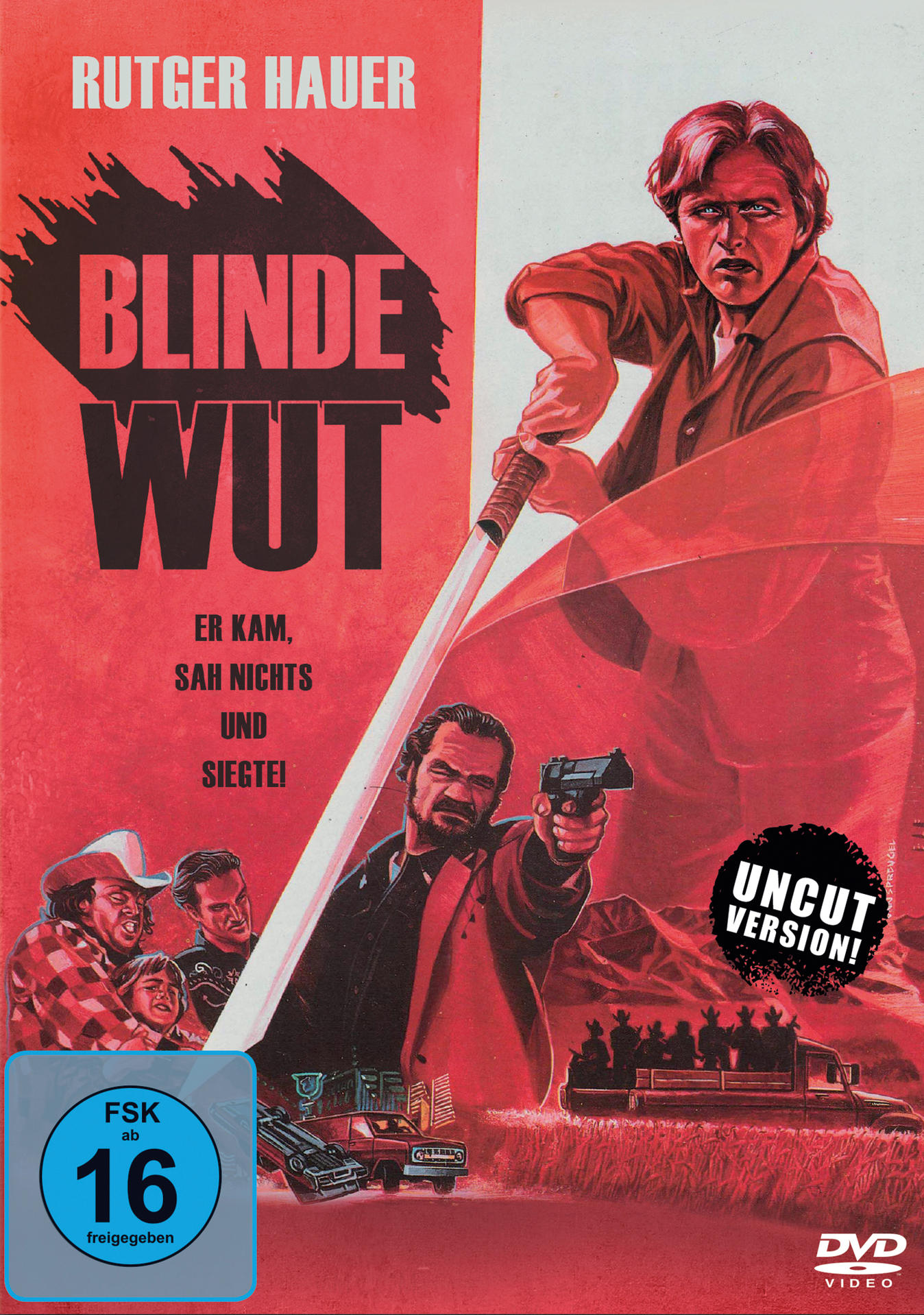 Filmplakat mit Rutger Hauer, der ein Schwert hält. Der Titel lautet 'Blinde Wut'.