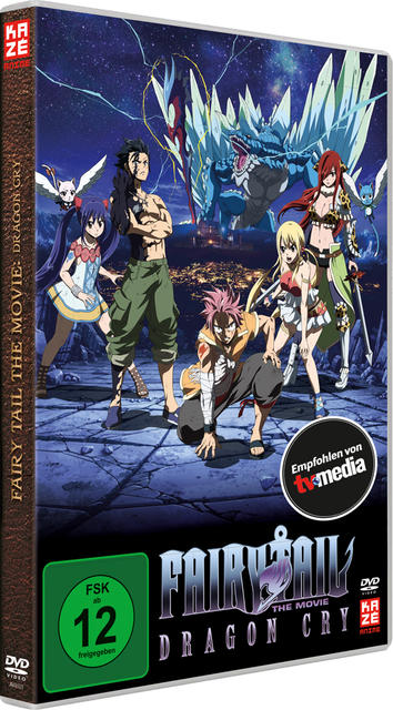 DVD-Cover von "Fairy Tail the Movie: Dragon Cry". Charaktere stehen im Vordergrund, blauer Drache im Hintergrund.