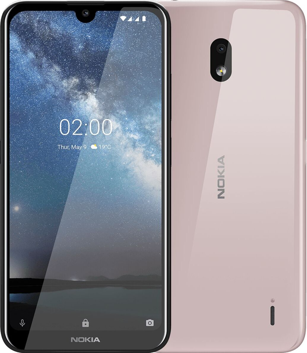 Roze Nokia smartphone, vooraanzicht toont scherm, achteraanzicht toont het Nokia logo.