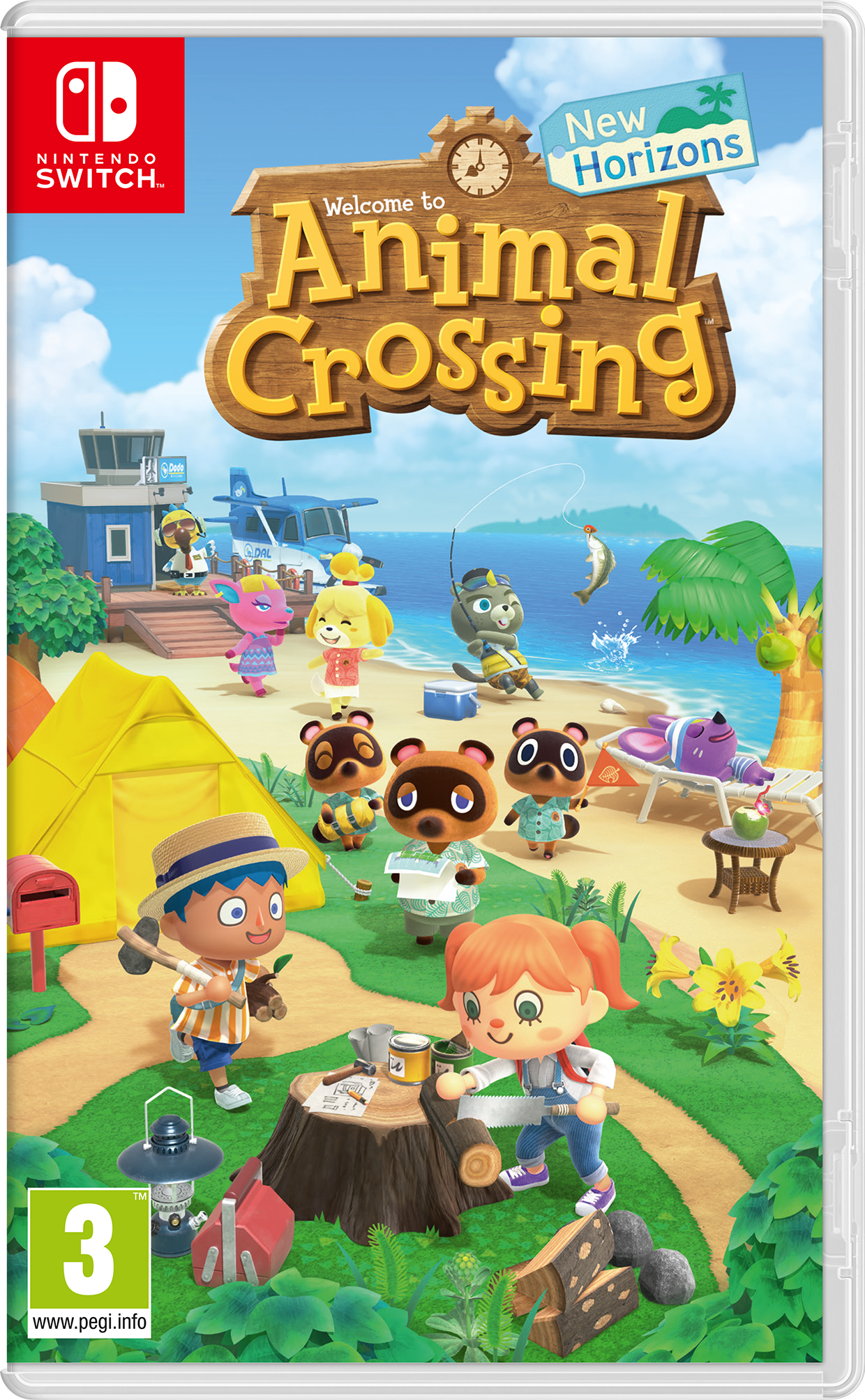 Animal Crossing: New Horizons Spielhülle. Charaktere, Insel-Szene und Nintendo Switch Logo.