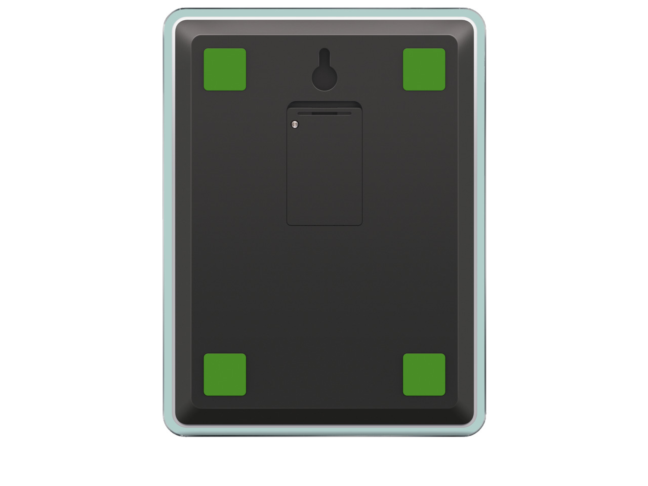 Rückseite einer schwarzen Waage mit grünen Füßen und Batteriefach, auf weißem Hintergrund.