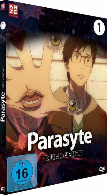 Anime-DVD-Cover von 'Parasyte -the maxim-' mit einem Mann und einem Monster.