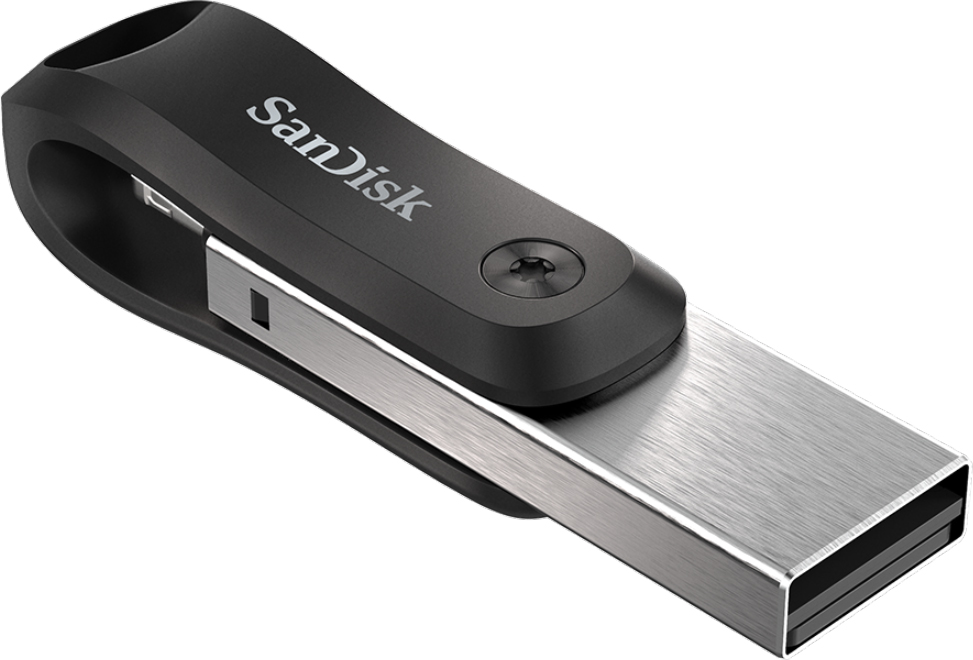 Zwarte en zilveren SanDisk USB-flashdrive, met een schuifontwerp en het SanDisk-logo.