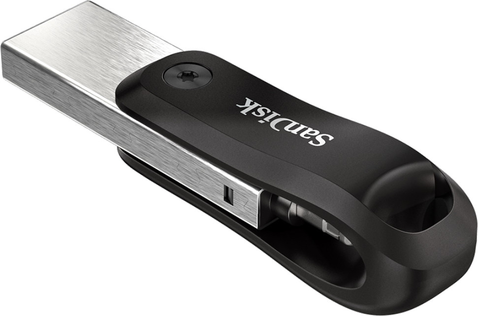 Zwarte en zilveren SanDisk USB-drive met een draaiontwerp.