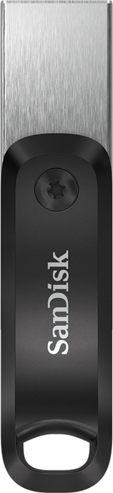 Een zwarte en zilveren USB-stick met het SanDisk-logo en een lus aan het uiteinde.