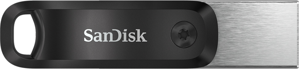 Een zwarte en zilveren SanDisk USB-stick. Het SanDisk-logo is zichtbaar.