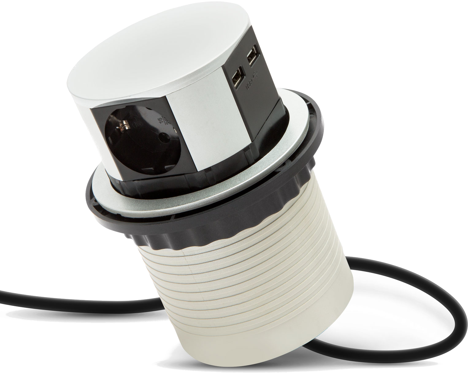 DELIGHT 20433 Rejtett elosztó - 3 db aljzat, USB csatlakozó, fém ház, ezüst színű