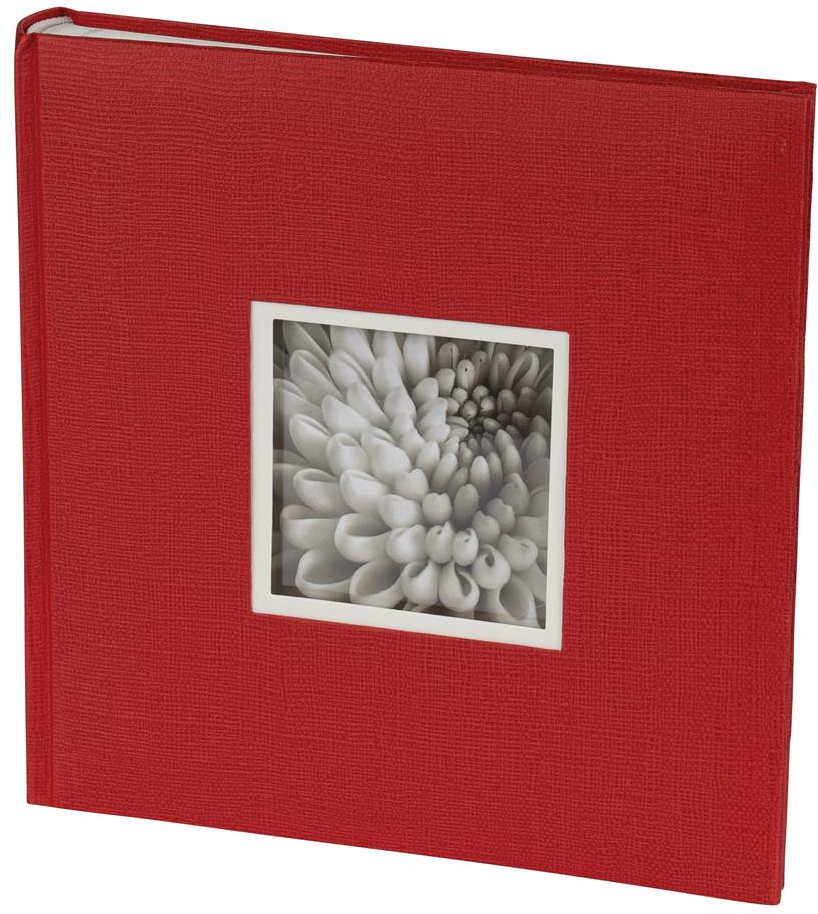 Piros könyv fehér kerettel és fekete-fehér virággal a keretben.