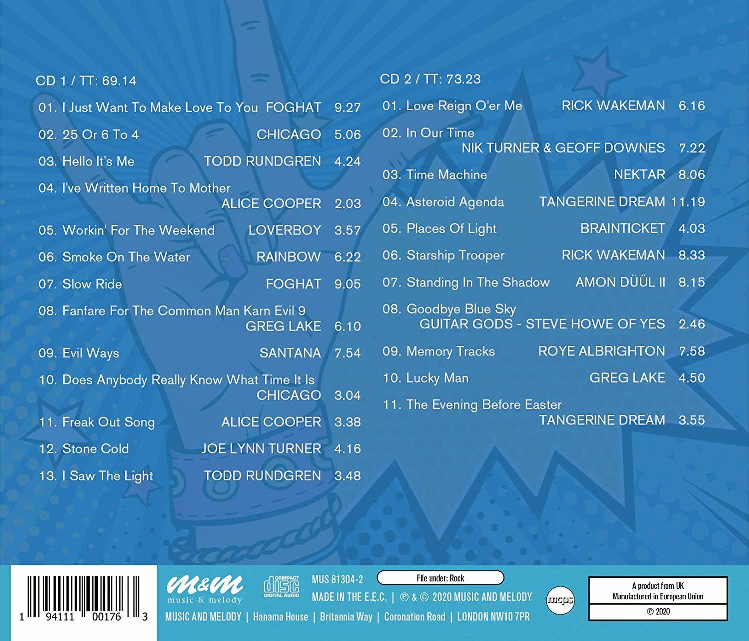 Eine CD mit Titellisten und Credits, mit verschiedenen Rock- und Popsongs.