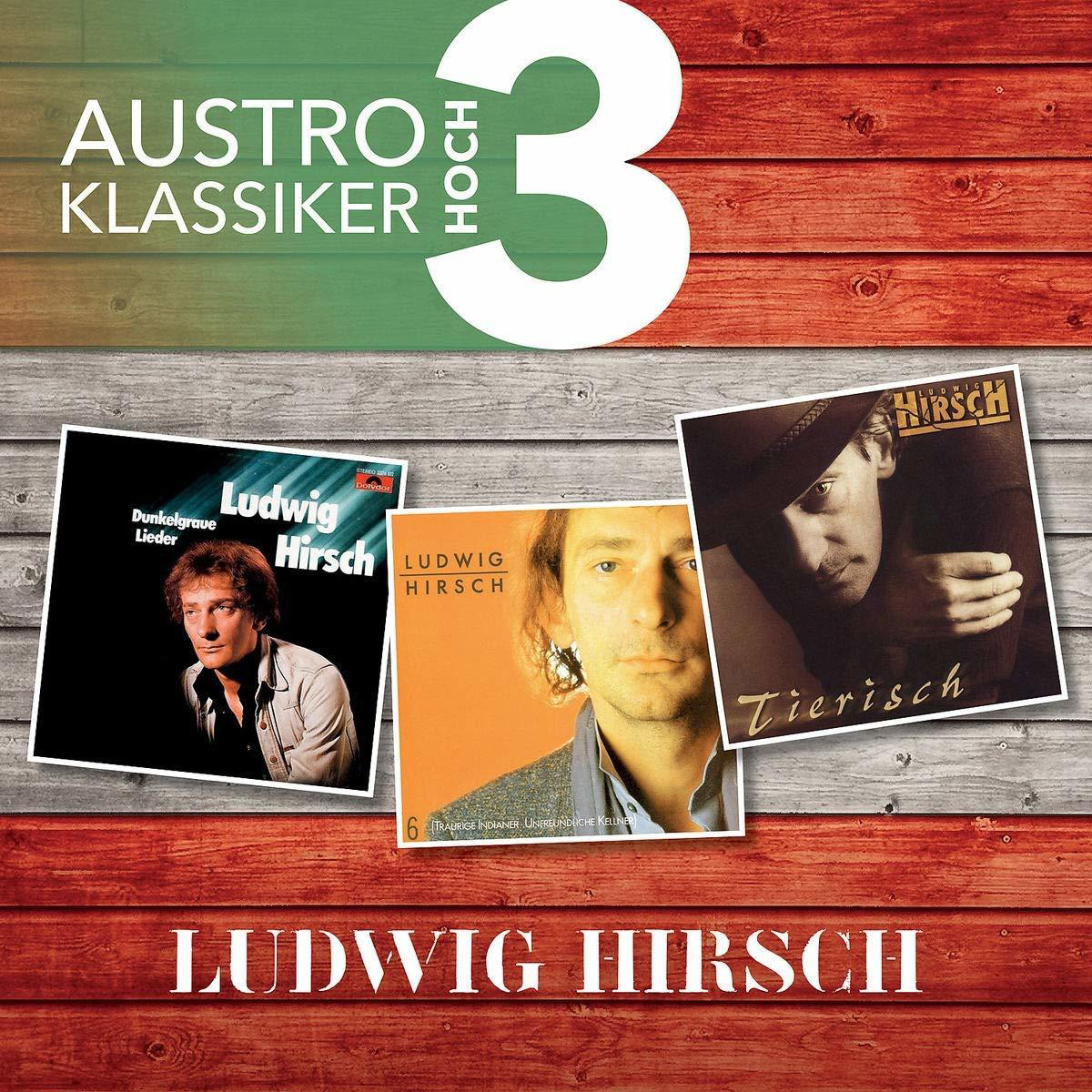Austro Klassiker Albumcover. Drei Albumcover, Ludwig Hirsch, auf einem Holzgrund.