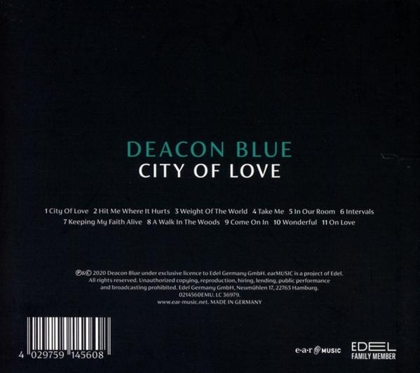 Schwarzes Albumcover mit den Worten "City of Love" und Songtiteln.