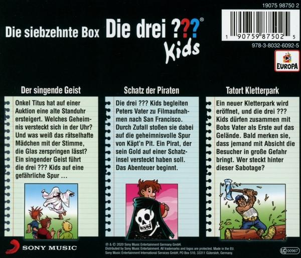 Rückseite eines Kinderhörbuchs mit drei Cartoon-Bildern.