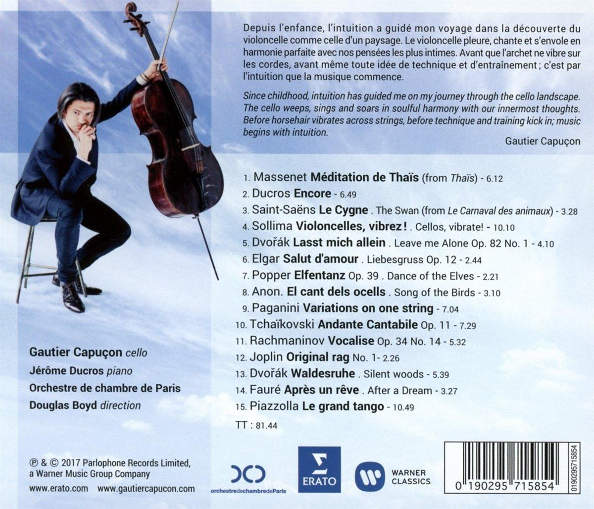 Rückseite einer CD-Hülle mit einem Mann mit Cello und der Titelliste. Text ist auf Französisch.