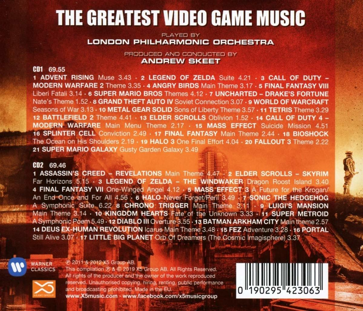 Rückseite eines Albums mit dem Titel 'The Greatest Video Game Music', mit Songtiteln.