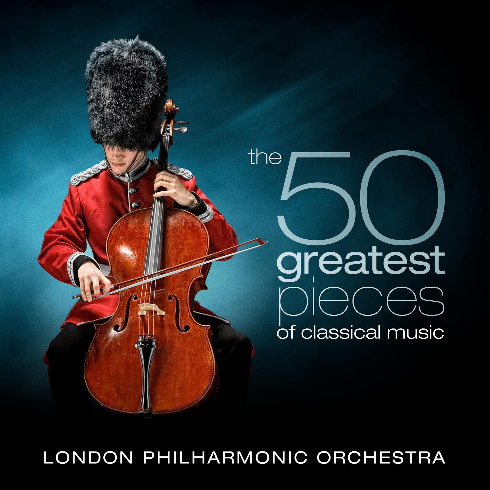 Ein Mann in roter Uniform spielt Cello. Text: 50 Greatest Pieces of Classical Music. Blauer Hintergrund.