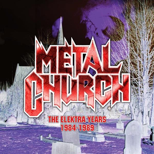 Metal Church Albumcover mit Friedhof und Kirche auf lila Hintergrund.