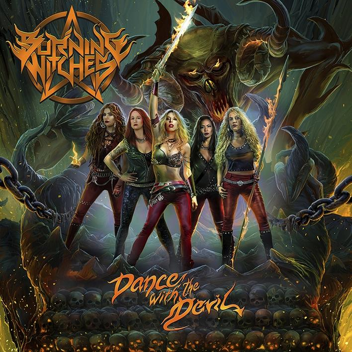 Albumcover mit fünf Frauen in Metallkleidung, einer teuflischen Figur und Totenköpfen. Dunkler Hintergrund.