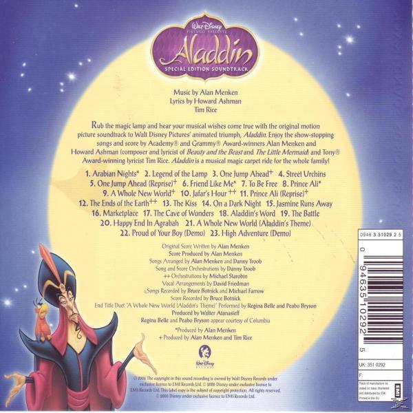 Aladdin Special Edition Soundtrack Cover. Enthält einen Cartoon von Dschafar und dem Dschinni mit Titelliste.
