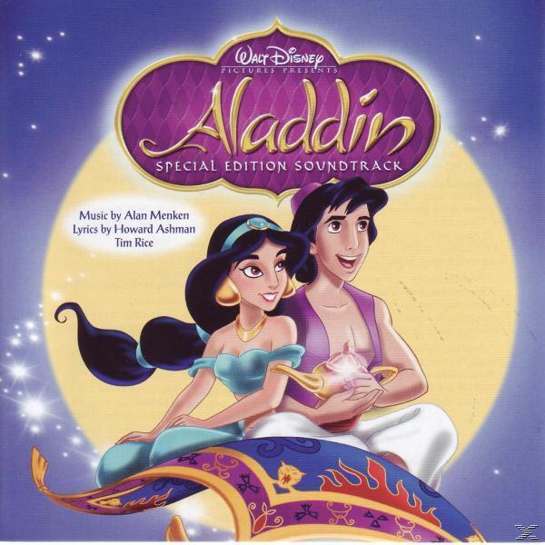 Albumcover für 'Aladdin'. Aladdin und Jasmin auf einem fliegenden Teppich, Lampe und Text.