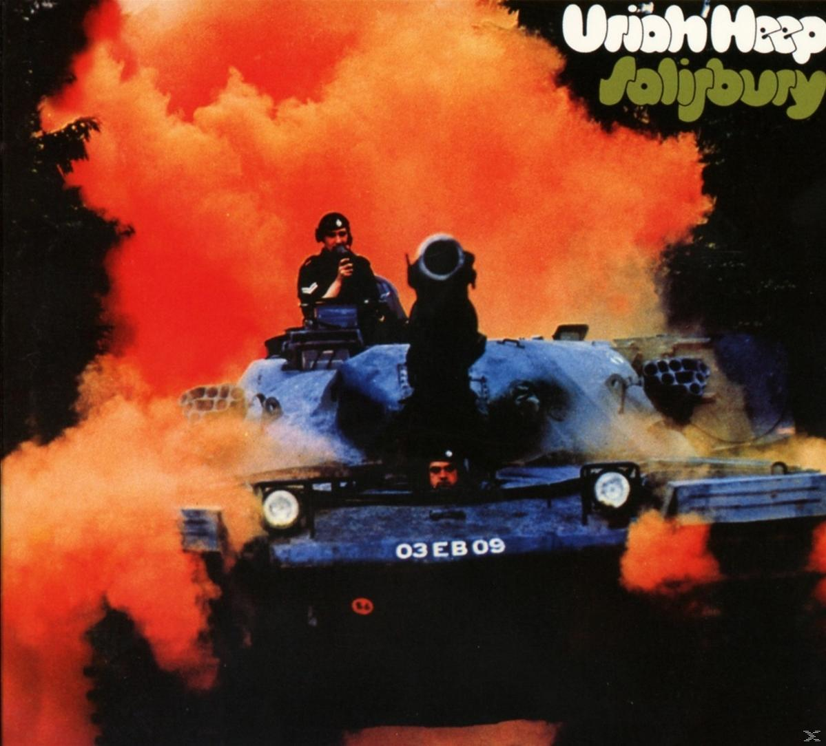 Album borító: Tank katonákkal, narancssárga füsttel, szöveg: Uriah Heep Salisbury.