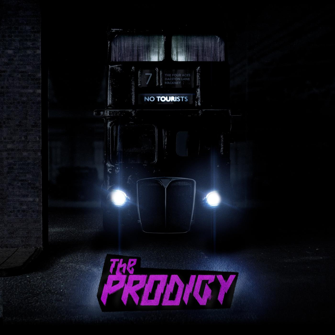 Album borító, fekete emeletes busszal. 'The Prodigy' és 'No Tourists' felirat.