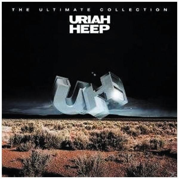 Album borító, 'The Ultimate Collection' Uriah Heep-től, sötét háttér sivataggal.