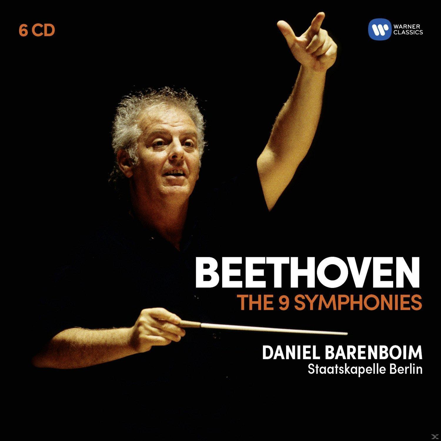 Dirigent Daniel Barenboim mit Taktstock, Beethoven-CD-Cover. Text: Beethoven, Die 9 Symphonien. Warner Classics-Logo.