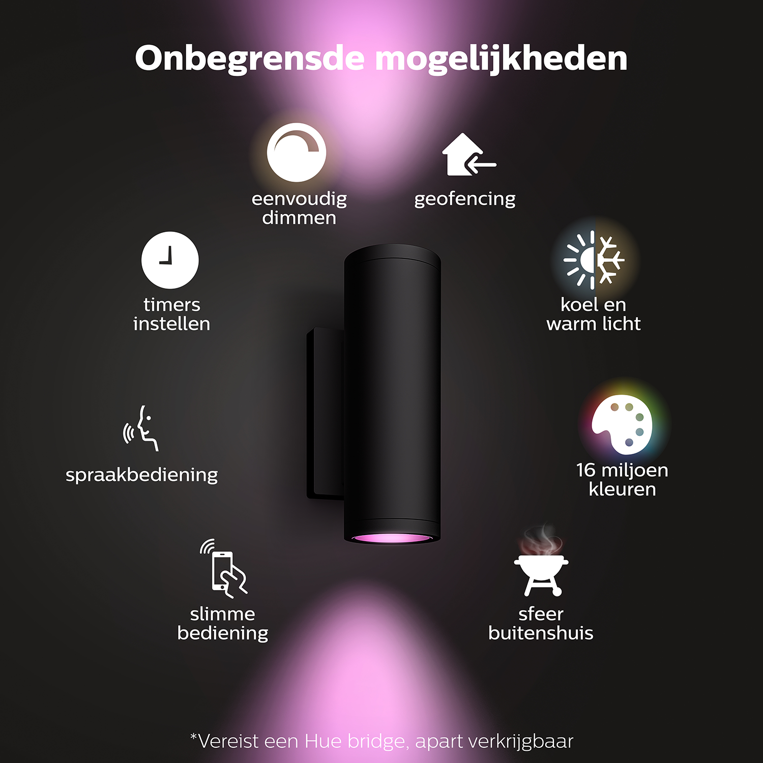 Zwarte buitenlamp met pictogrammen voor instellingen. Achtergrond is donkere muur met roze gloed.