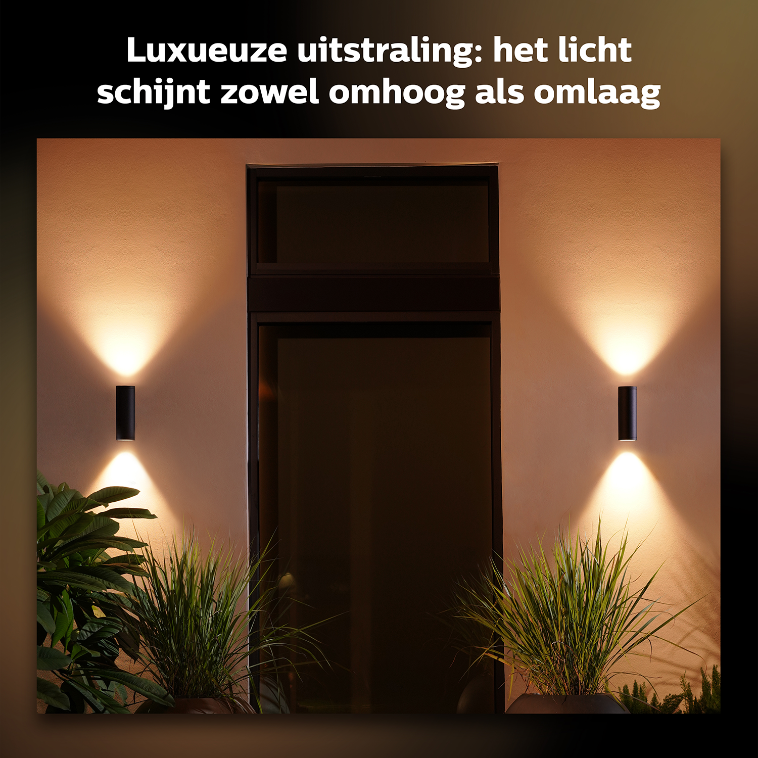 Buitenmuur met twee zwarte lampen. De lampen staan aan en wijzen naar boven en beneden. Planten in potten.