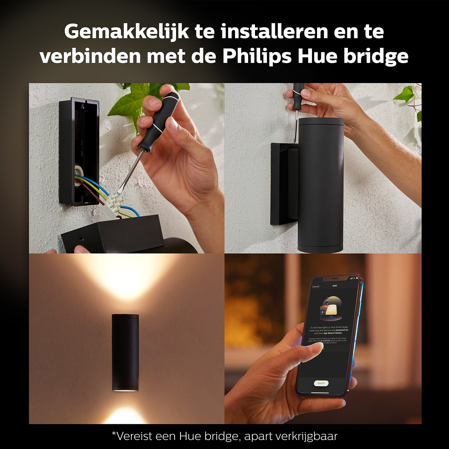 Installatie van zwarte wandlampen. Persoon met schroevendraaier en telefoon met app.