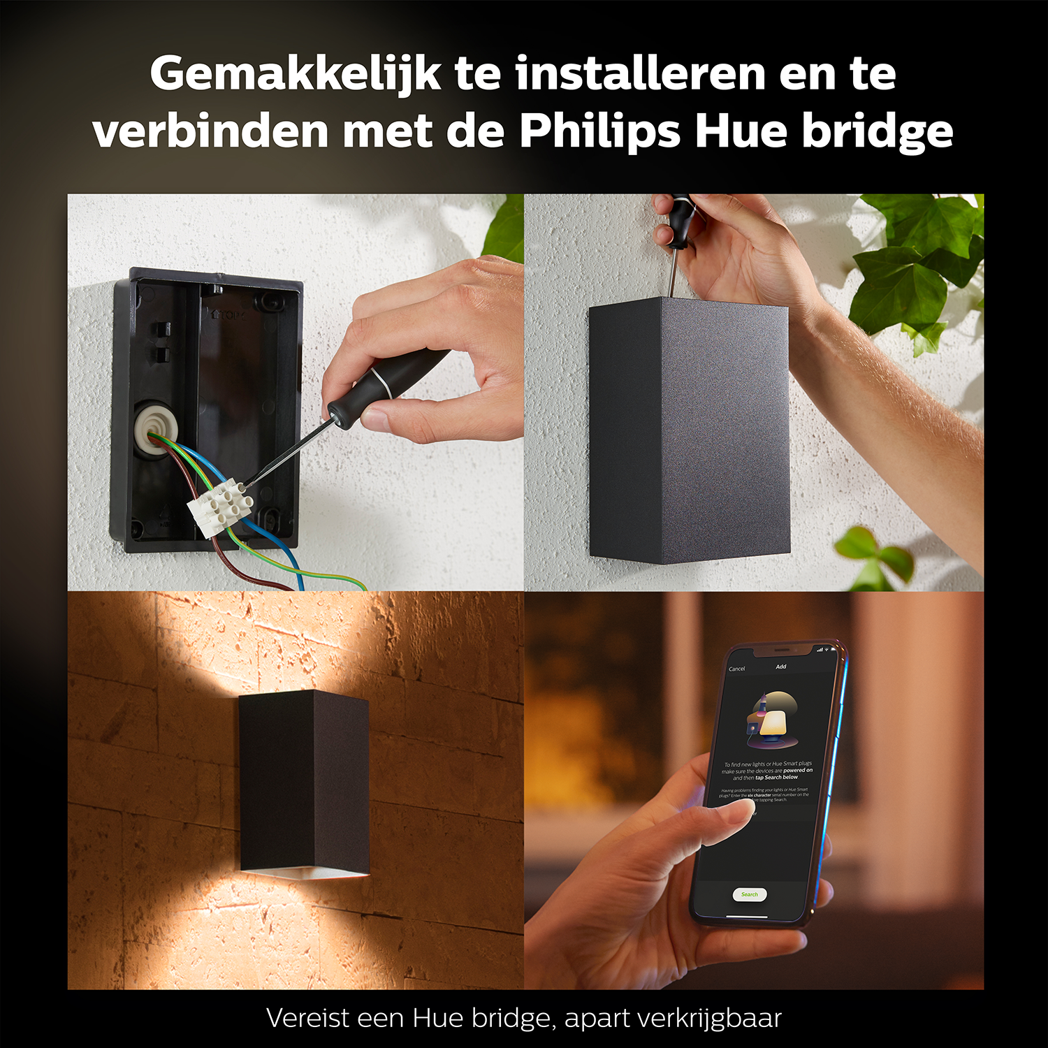 Man installing a black wall lamp, and using a phone app to control it.