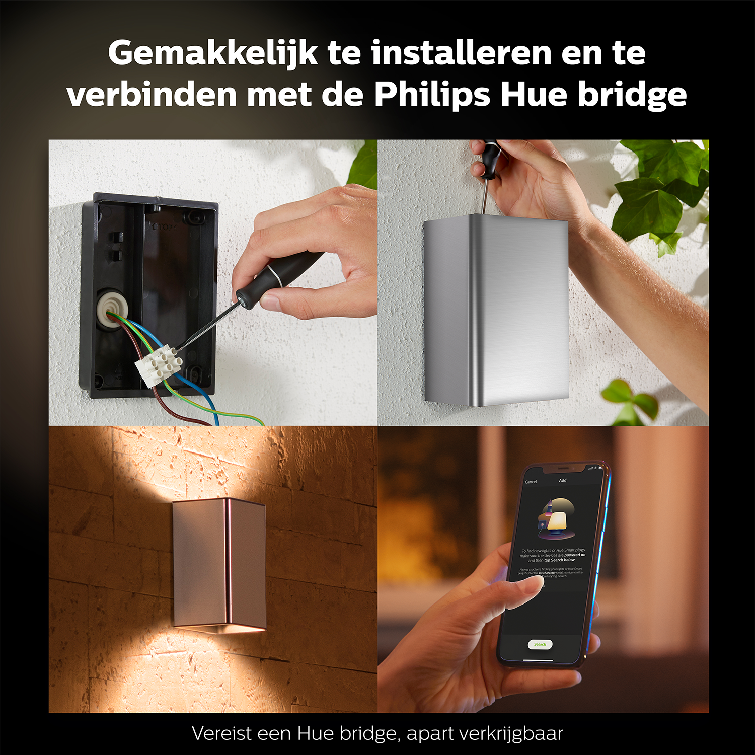 Hands installing a wall lamp with a screwdriver and a smartphone showing an app.