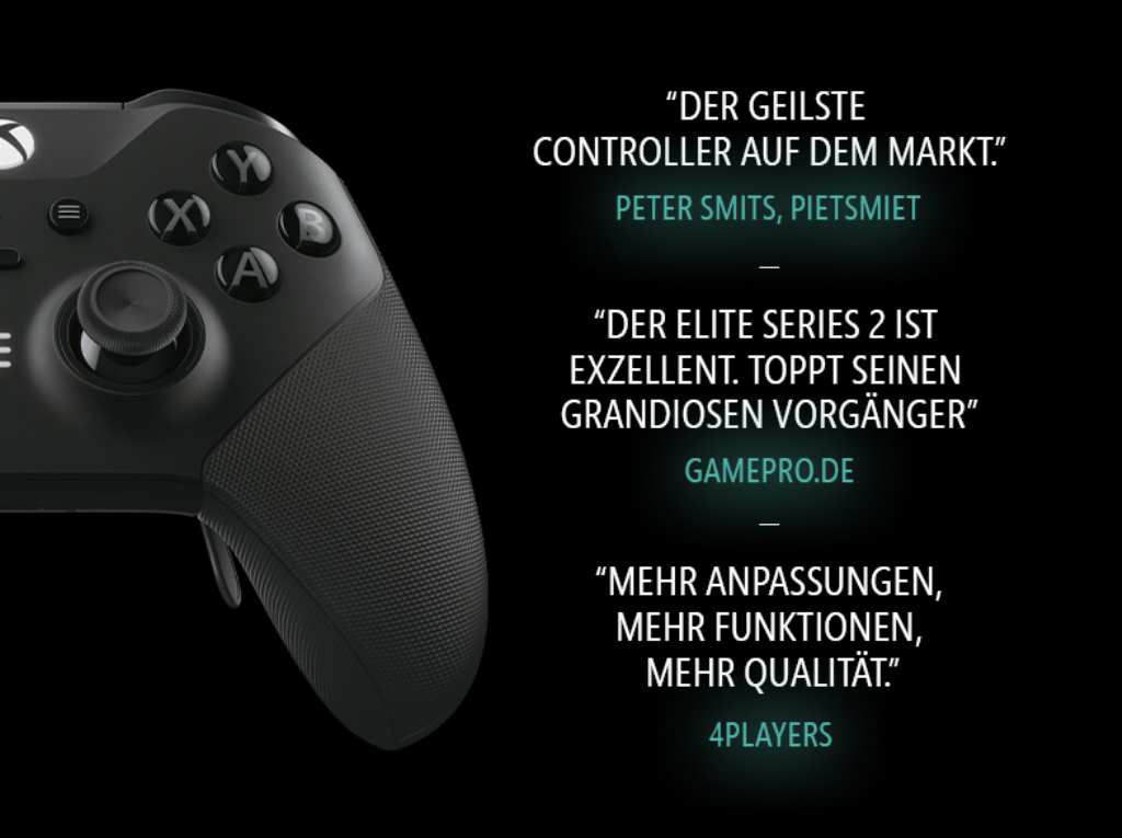 Schwarzer Xbox-Controller mit hervorgehobenen Zitaten. Text: Zitate über den Controller. Schwarzer Hintergrund.